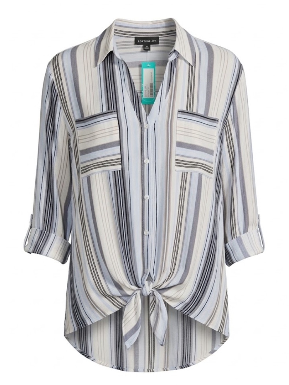 Fortune + Ivy Gray Black White Striped Tie-Front Button-Down Shirt Blouse XL New